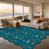 Teal cocktail-motif scalloped area rug 9x12 ft in a living room with beach view windows