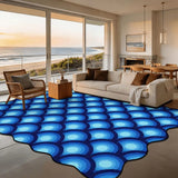Blue bubble-pattern scalloped area rug 9x12 ft in a living room with beach view windows