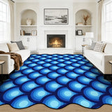 Blue bubble-pattern scalloped area rug in a living room with fireplace and white sofas