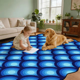 Child and golden retriever on blue bubble-pattern scalloped area rug