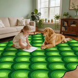 Child and golden retriever on green bubble-pattern scalloped area rug