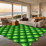 Green bubble-pattern scalloped area rug 9x12 ft in a living room with beach view windows