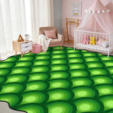 Green bubble-pattern scalloped area rug in a nursery with crib and pink canopy