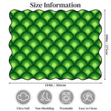 Size chart of green bubble-pattern scalloped area rug showing 144 x 108 in (366 x 275 cm)