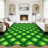 Green bubble-pattern scalloped area rug in a living room with fireplace and white sofas