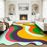 Rainbow swirl scalloped area rug in a living room with fireplace and white sofas