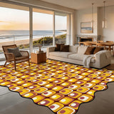 Yellow and brown tile-pattern scalloped area rug 9x12 ft in a living room with beach view windows