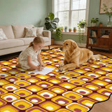 Child and golden retriever on yellow and brown tile-pattern scalloped area rug