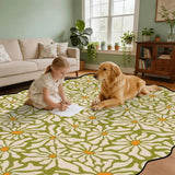 Child and golden retriever on olive green daisy-pattern scalloped area rug