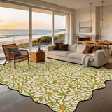 Olive green daisy-pattern scalloped area rug 9x12 ft in a living room with beach view windows
