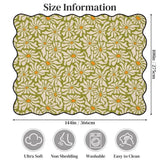 Size chart of olive green daisy-pattern scalloped area rug showing 144 x 108 in (366 x 275 cm)