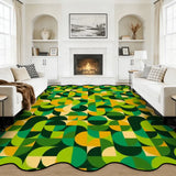 Fireplace living room with white sofas and a 9x12 ft green and yellow scalloped area rug