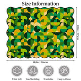 Size chart for a 9x12 ft (144 x 108 in) scalloped area rug with green and yellow geometric tiles
