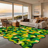 Ocean-view living room with a 9x12 ft scalloped area rug in green and yellow geometric tiles