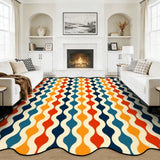 Wavy-stripe navy and orange scalloped area rug in a living room with fireplace and white sofas