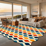 Wavy-stripe navy and orange scalloped area rug 9x12 ft in a living room with beach view windows