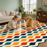 Child and golden retriever on wavy-stripe navy and orange scalloped area rug