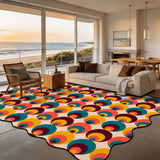 Multicolor circle-pattern scalloped area rug 9x12 ft in a living room with beach view windows