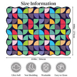 Size chart for a 9x12 ft (144 x 108 in) scalloped area rug with colorful geometric tiles