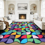 Fireplace living room with white sofas and a 9x12 ft colorful scalloped area rug