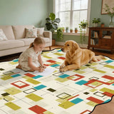 Child and golden retriever on cream multicolor rectangle-pattern scalloped area rug