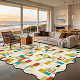 Cream multicolor rectangle-pattern scalloped area rug 9x12 ft in a living room with beach view windows
