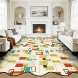 Cream multicolor rectangle-pattern scalloped area rug in a living room with fireplace and white sofas