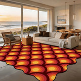 Red and orange arch-pattern scalloped area rug 9x12 ft in a living room with beach view windows