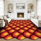 Red and orange arch-pattern scalloped area rug in a living room with fireplace and white sofas