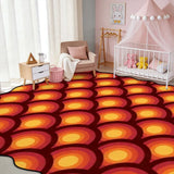 Red and orange arch-pattern scalloped area rug in a nursery with crib and pink canopy