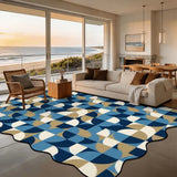 Blue and cream geometric scalloped area rug 9x12 ft in a living room with beach view windows