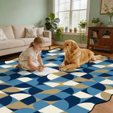 Child and golden retriever on blue and cream geometric scalloped area rug