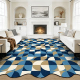 Blue and cream geometric scalloped area rug in a living room with fireplace and white sofas