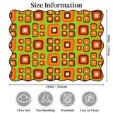 Size chart of orange and green square-pattern scalloped area rug showing 144 x 108 in (366 x 275 cm)
