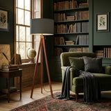 Scandi Nordic Wooden Tripod Floor Lamp with Dark Grey Fabric Shade - retro floor lamps