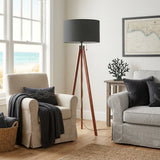 Scandi Nordic Wooden Tripod Floor Lamp with Dark Grey Fabric Shade - retro floor lamps