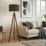 Scandi Nordic Wooden Tripod Floor Lamp with Dark Grey Fabric Shade - retro floor lamps