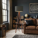 Scandi Nordic Wooden Tripod Floor Lamp with Dark Grey Fabric Shade - retro floor lamps