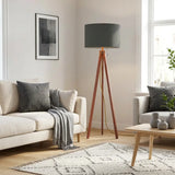 Scandi Nordic Wooden Tripod Floor Lamp with Dark Grey Fabric Shade - retro floor lamps