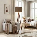 Scandi Wooden Tripod Floor Lamp Warm Brown Mocha Mousse Shade - retro floor lamps