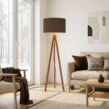 Scandi Wooden Tripod Floor Lamp Warm Brown Mocha Mousse Shade - retro floor lamps
