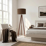 Scandi Wooden Tripod Floor Lamp Warm Brown Mocha Mousse Shade - retro floor lamps