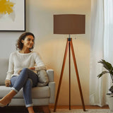 Scandi Wooden Tripod Floor Lamp Warm Brown Mocha Mousse Shade - retro floor lamps