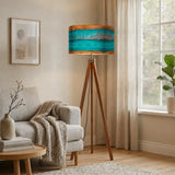 Scandinavian Retro Tripod Floor Lamp - Rustic Wood Grain Brown Blue - retro floor lamps