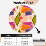 Size chart for pink, orange and olive geometric round rug with diameter options and 5 mm thickness