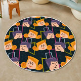 Top view of round rug with white border and retro cartoon faces in orange and purple on navy