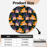 Size chart for navy cartoon-face round rug with diameter options and 5 mm thickness