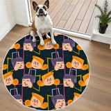 Small dog sitting on a round rug with navy retro cartoon-face pattern and white border