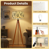 Toile de Jouy Retro Wooden Tripod Floor Lamp: French Vintage Linen Shade - retro floor lamps