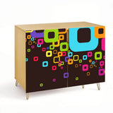 Front view of the retro wooden cabinet with colorful retro square doors and hairpin legs on a white background